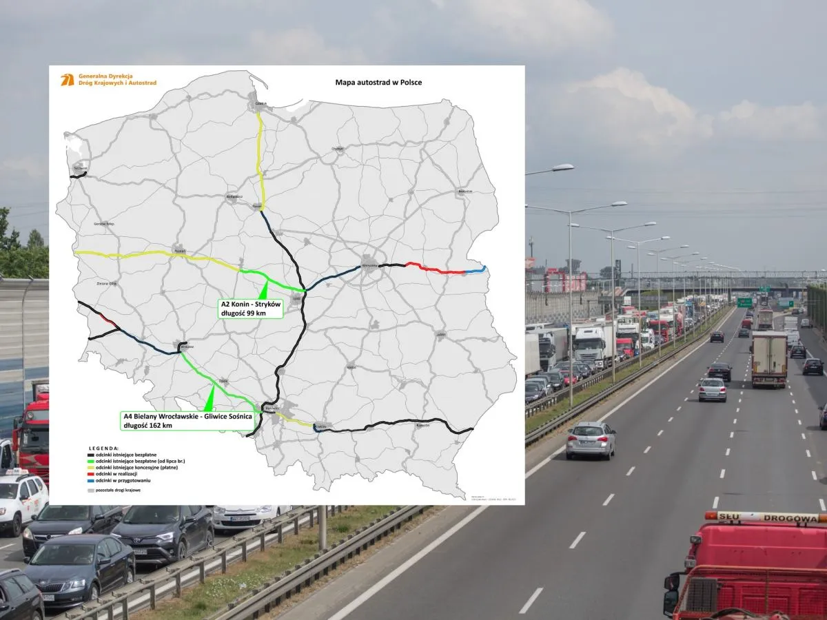 Mapa autostrady A2 z podziałem na odcinki GDDKiA i koncesyjne