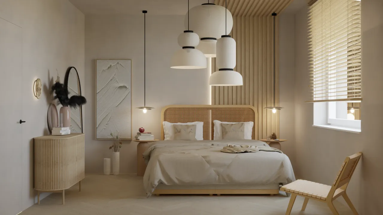 Naturalne materiały sypialnia Japandi