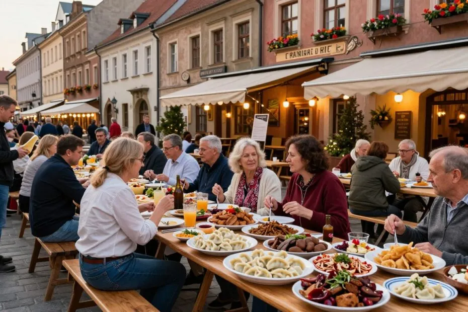 aktywni turyści zwiedzający miasto lub jedzący lokalne jedzenie