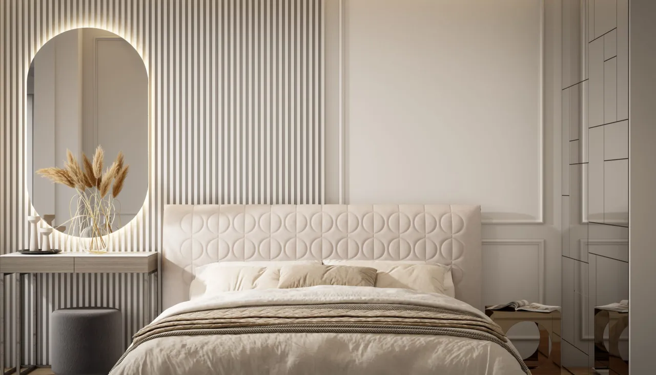Sypialnia białe meble ściana z lamelami tapetą sztukaterią