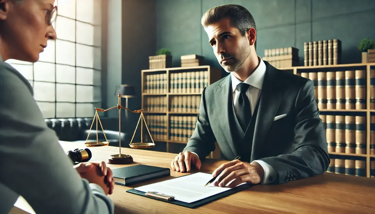 Prawnik analizuje dokumenty, zastanawiając się, czy testament można podważyć. W tle waga sprawiedliwości i regały z księgami.