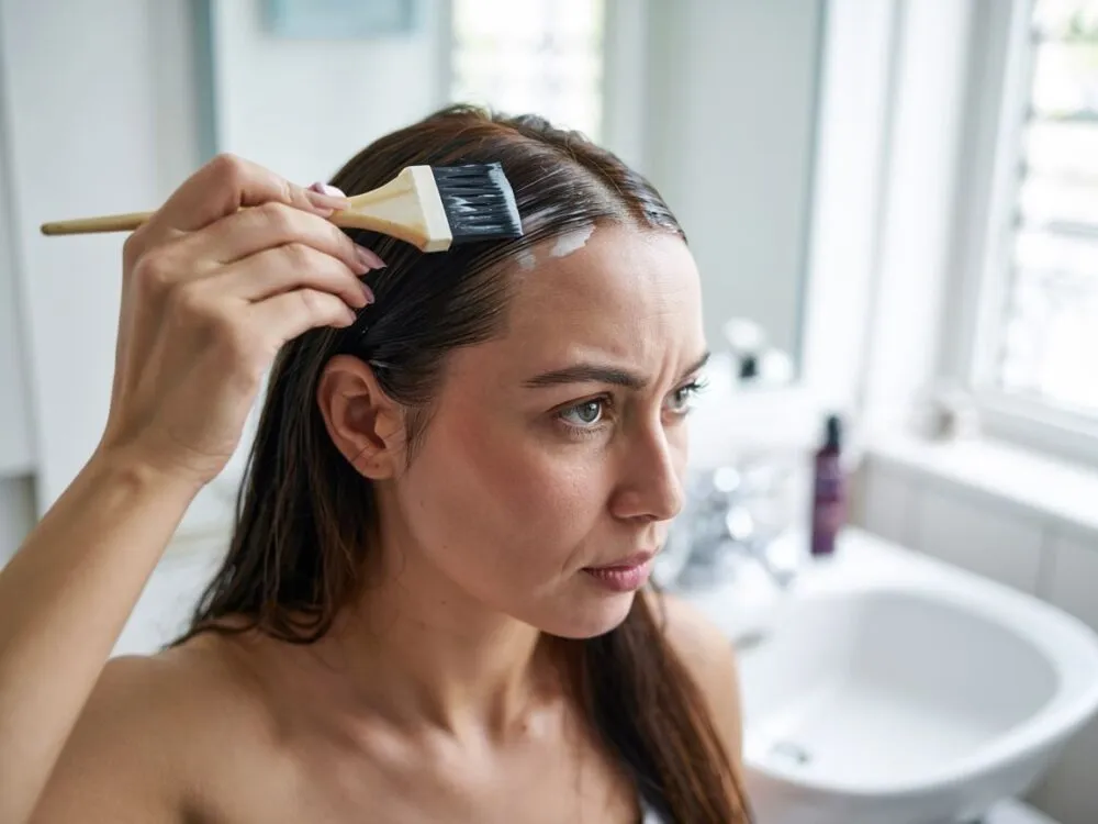 kobieta przygotowująca się do farbowania odrostów w domu