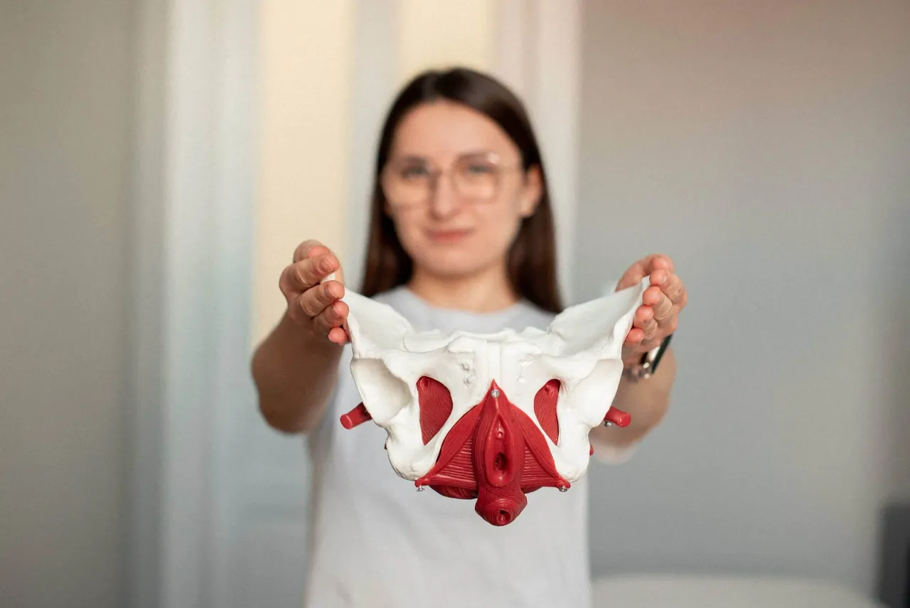 Fizjoterapeutka pokazuje model miednicy. Z czym do fizjoterapeuty? Z problemami dna miednicy, kt&oacute;re można rozwiązać.