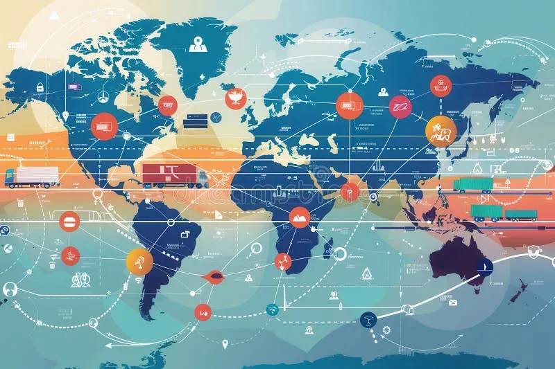 Mapa globalnych łańcuchów dostaw lub różne środki transportu