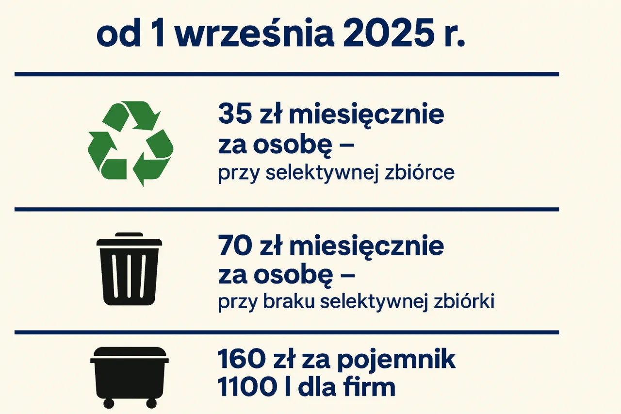 Od 1.09.2025 r. wyw&oacute;z śmieci drożeje: 35 zł/os. przy segregacji, 70 zł/os. bez segregacji, 160 zł za pojemnik 1100l dla firm.