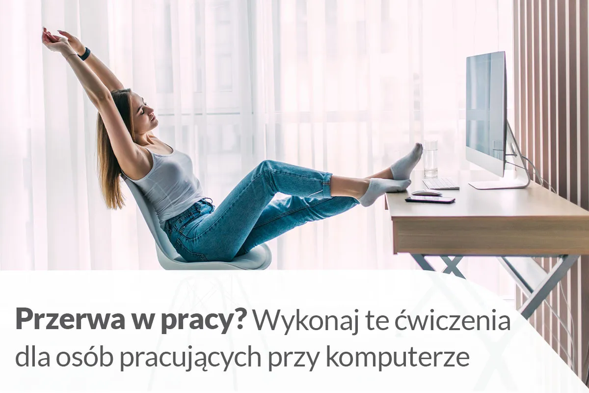 Kobieta rozciąga się przy biurku, wykonując ćwiczenia dla os&oacute;b, kt&oacute;re dużo siedzą.