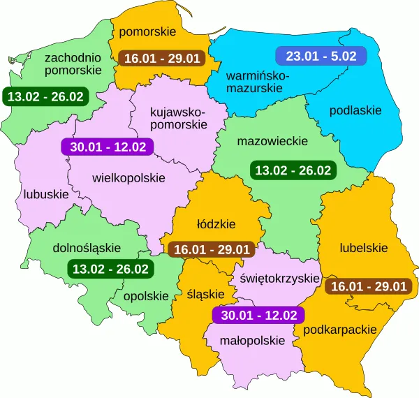 mapa Polski ferie zimowe terminy, podział na wojew&oacute;dztwa ferie