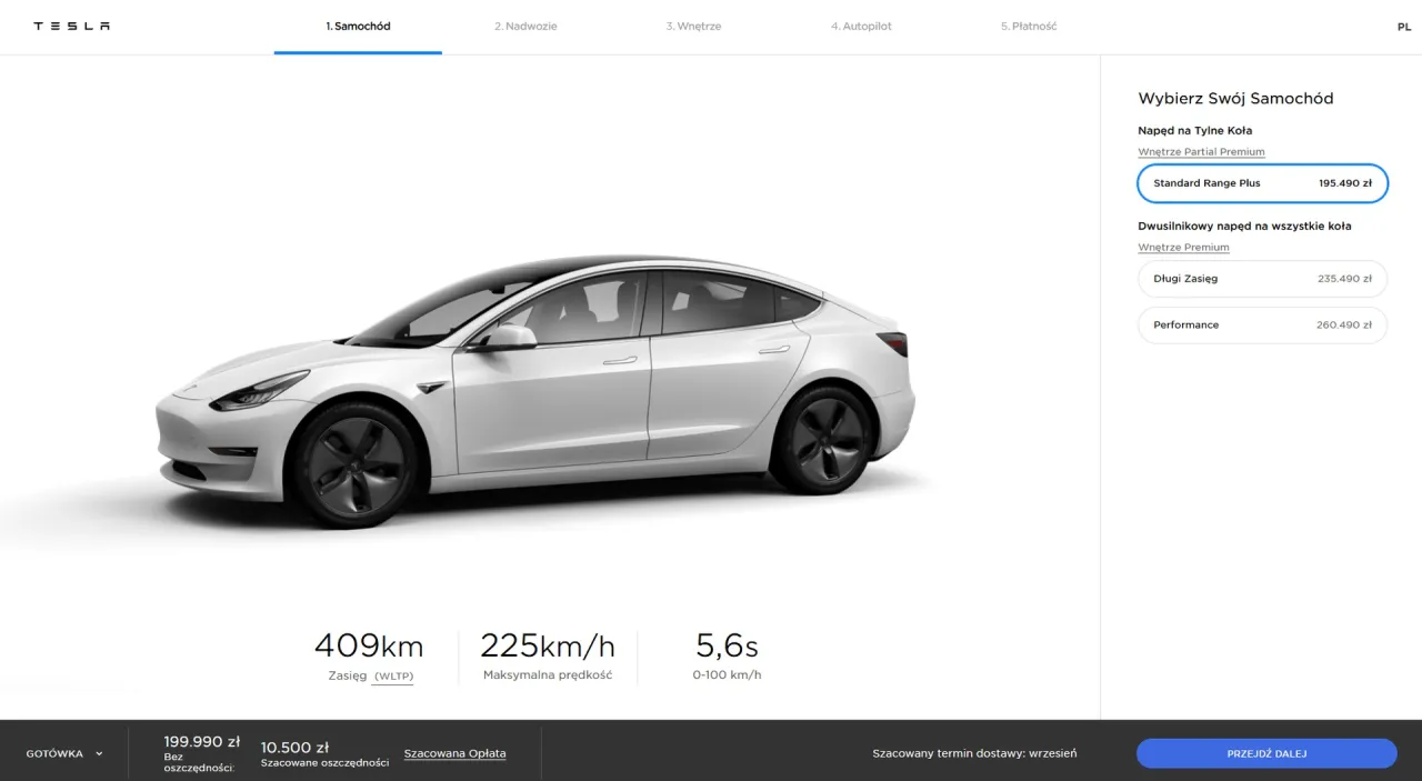 Tesla konfigurator samochodu