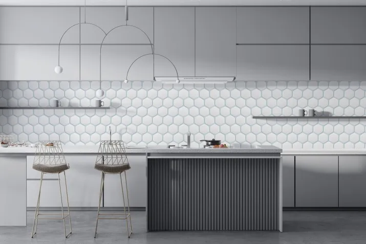 nowoczesne płytki kuchenne nad blatem, heksagony, cegiełka, wielki format