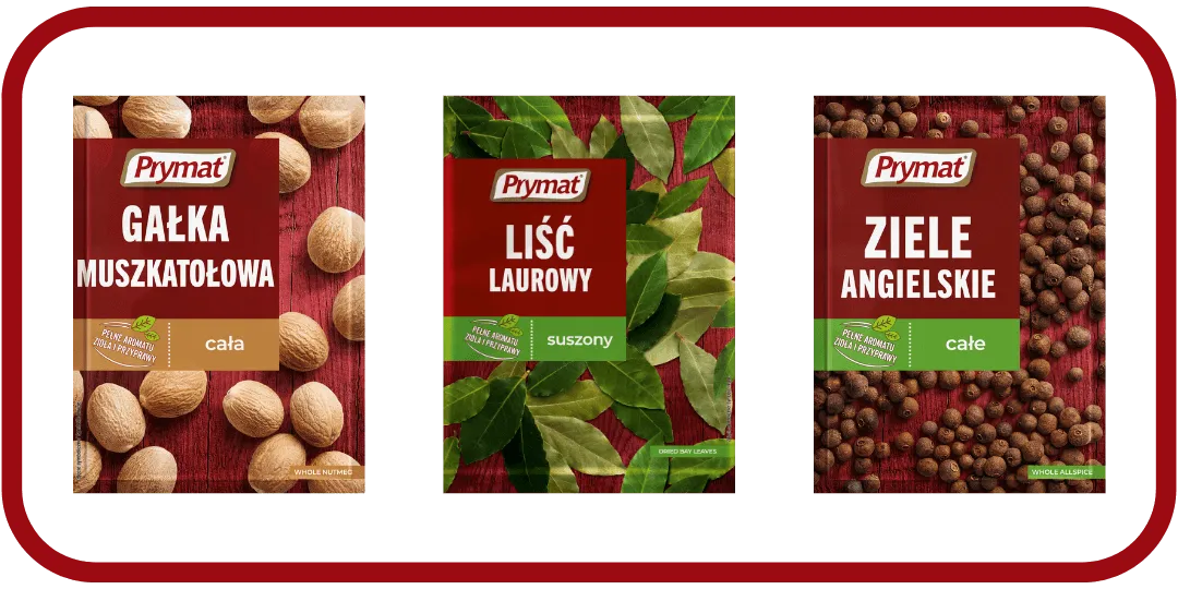 Zestaw przypraw do pasztetu: gałka muszkatołowa, ziele angielskie, liść laurowy, pieprz, s&oacute;l