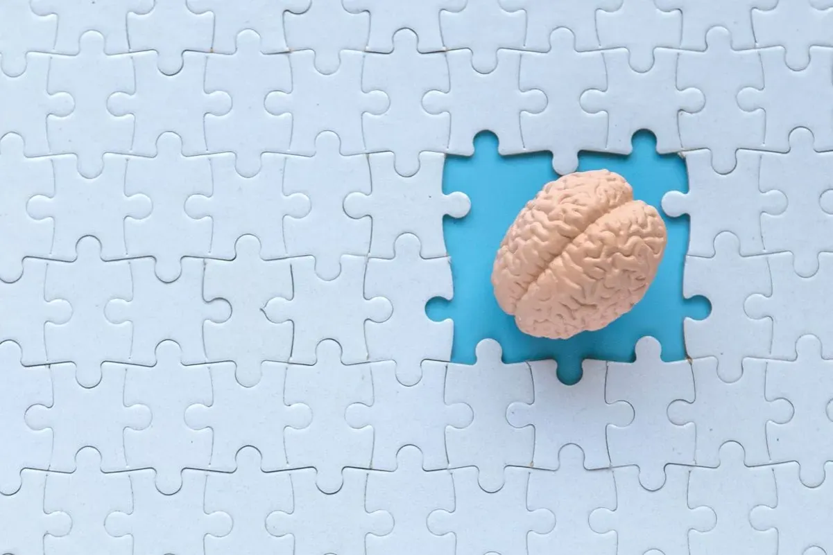 Model mózgu w pustym miejscu układanki symbolizuje wczesne alzheimer objawy u młodych, gdzie brakuje fragmentów wspomnień i funkcji poznawczych.