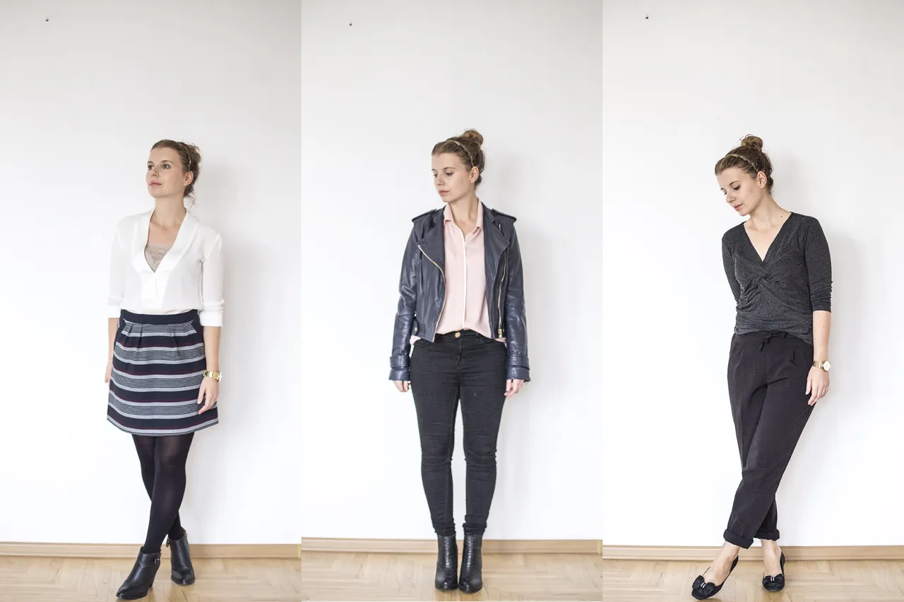 kobieta wybierająca ubrania z szafy, r&oacute;żne rodzaje bluzek i koszul