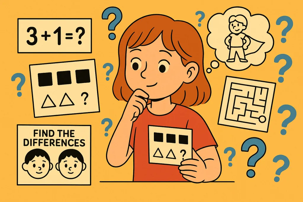 dziecko rozwiązujące zagadki z rodzicem