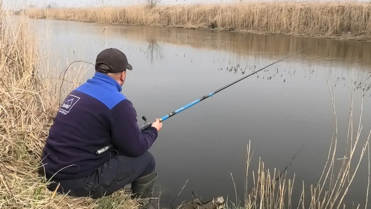 wędka bolońska w akcji nad rzeką, wędkarz z długą wędką