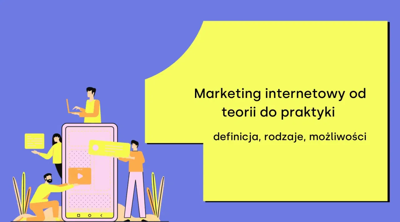 Ludzie pracują nad rozwojem marketingu w sieci, tworząc treści i analizując dane. Temat: marketing internetowy od teorii do praktyki.