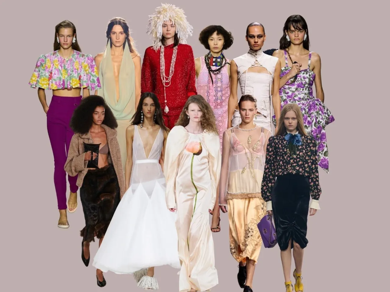 Kolekcja modeli prezentuje, co jest teraz w modzie: od kwiecistych crop topów i satynowych sukni po odważne, przezroczyste kreacje i futrzane spódnice.