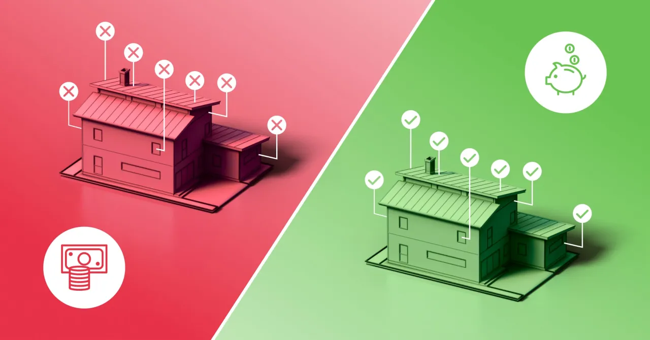 Dwa domy: czerwony z krzyżykami i symbolem pieniędzy, zielony z zaznaczeniami i skarbonką. System inteligentnego domu.