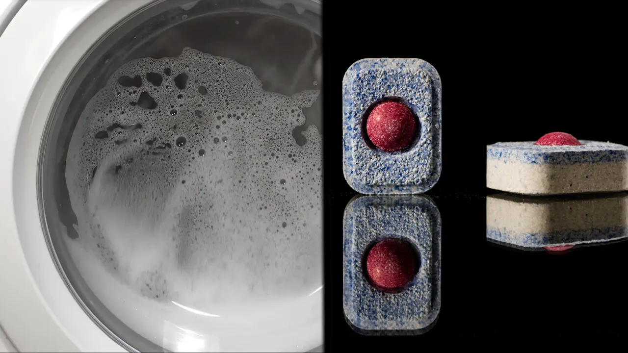 Czy czyszczenie pralki tabletkami do zmywarki faktycznie niszczy uszczelki? Obok piany w bębnie pralki widać tabletki do zmywarki.
