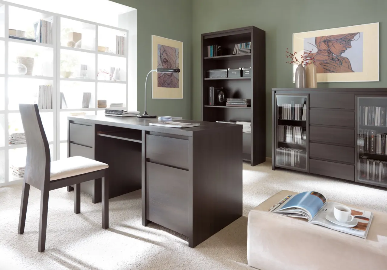 Eleganckie wnętrze z meblami wenge i jasnymi ścianami