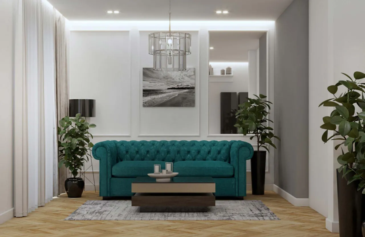 Lamele drewniane za turkusową kanapą