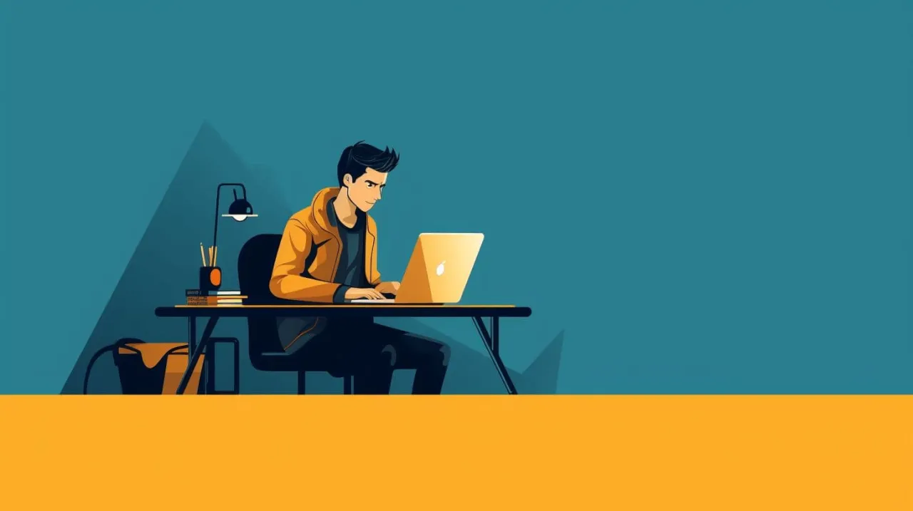 Młody mężczyzna w ż&oacute;łtej bluzie pracuje na laptopie, zabezpieczając sesję za pomocą tokenu CSRF.