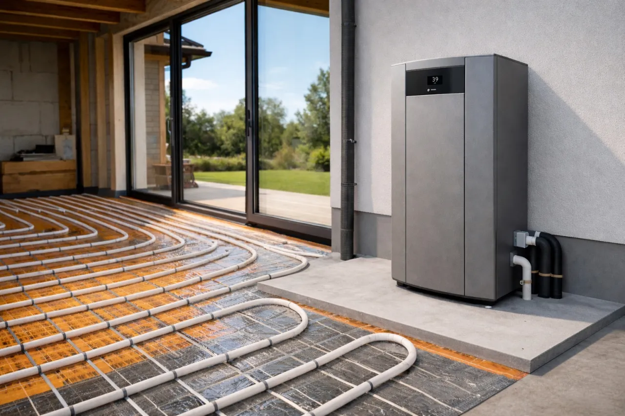 Nowoczesny dom z ogrzewaniem podłogowym w trakcie budowy, obok pompa ciepła. Wyb&oacute;r między ogrzewaniem podłogowym a grzejnikami.