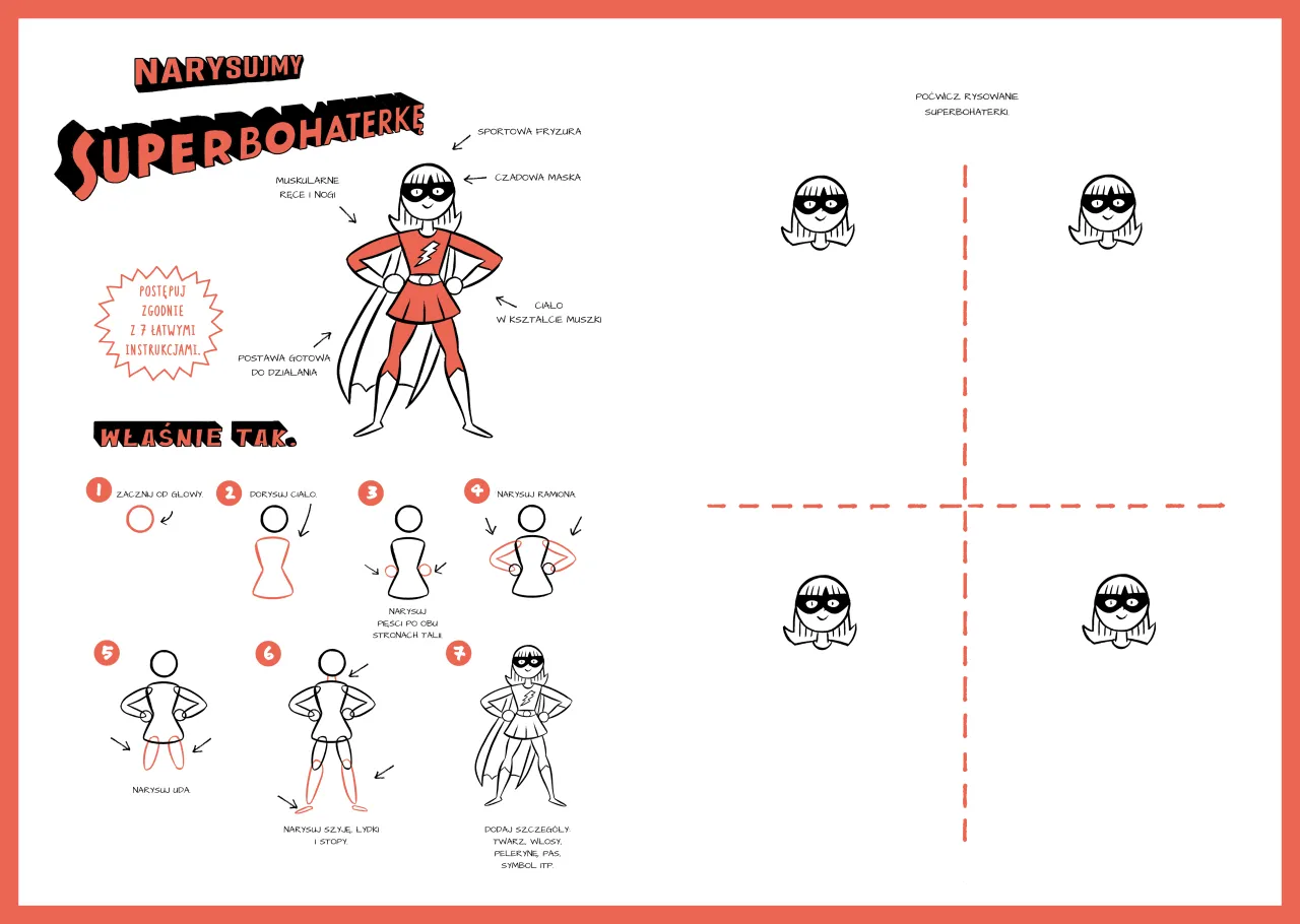 Instrukcja krok po kroku, jak narysować komiksową superbohaterkę. Zaczynając od głowy, przez ciało, ramiona, nogi, aż po detale.