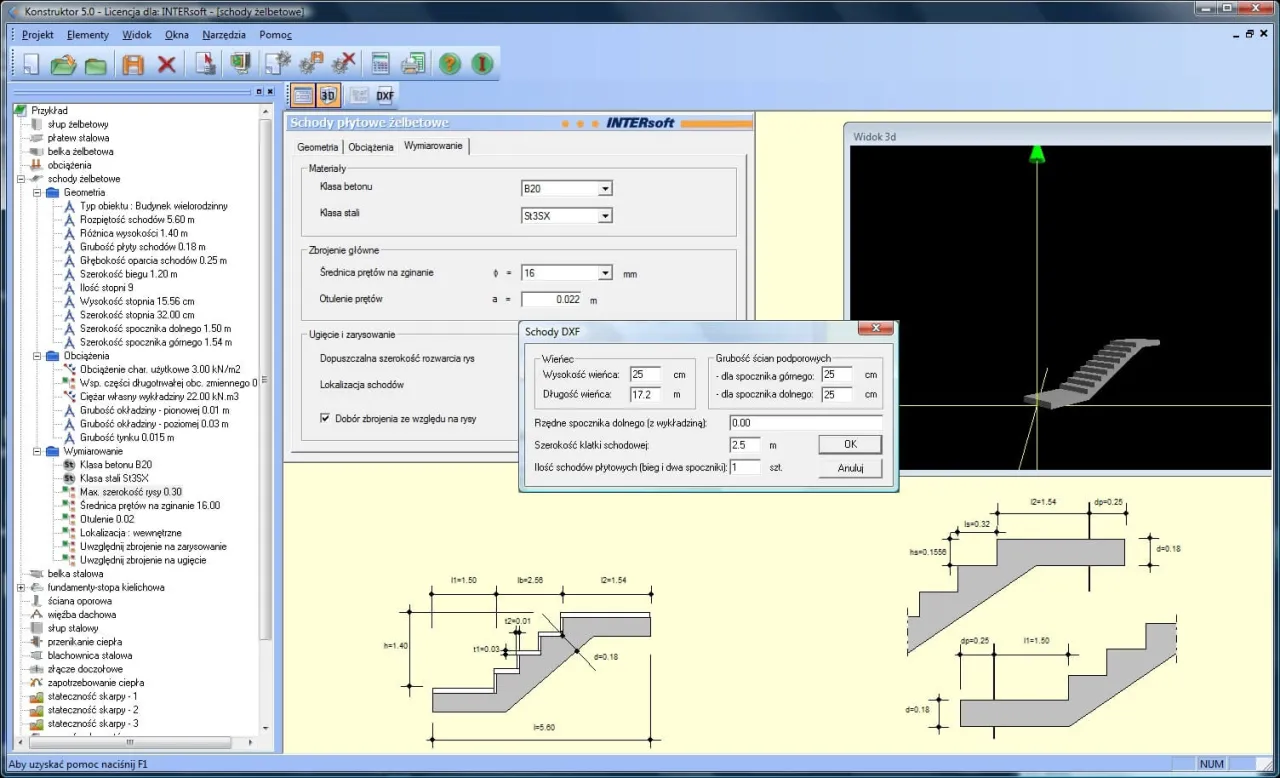 Program do projektowania schod&oacute;w żelbetowych. Widok okna z danymi do zbrojenia schod&oacute;w, rysunki techniczne i model 3D.