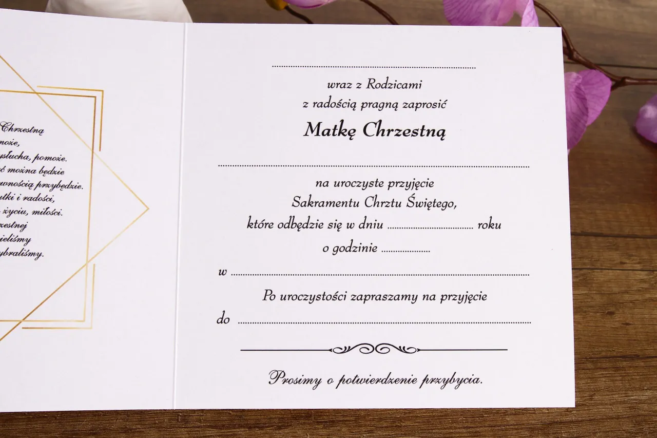eleganckie zaproszenie na chrzciny z napisem dla Matki Chrzestnej