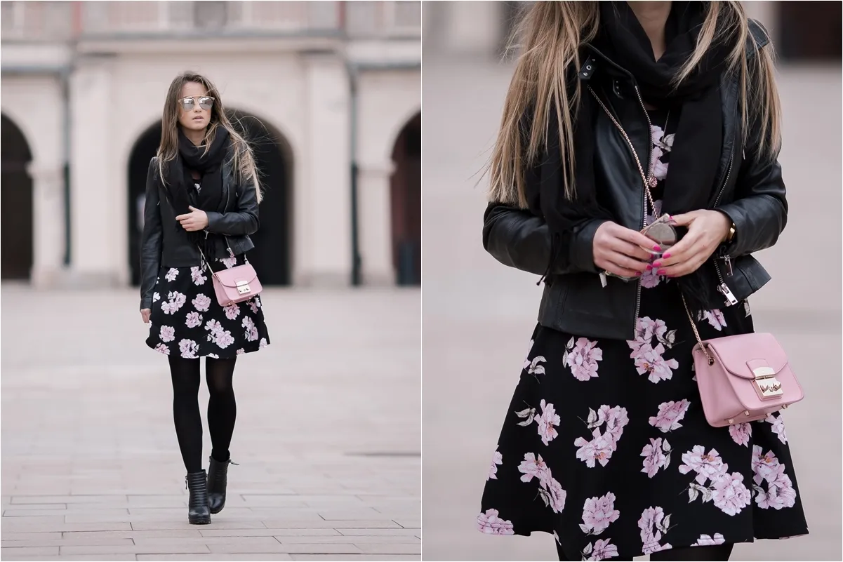 czarna ramoneska sukienka kwiaty 40+