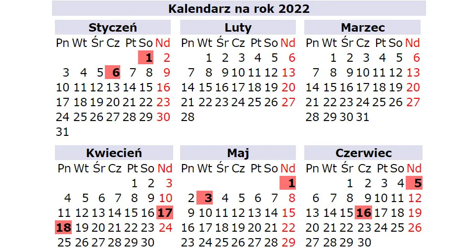 kalendarz z zaznaczonymi dniami wolnymi