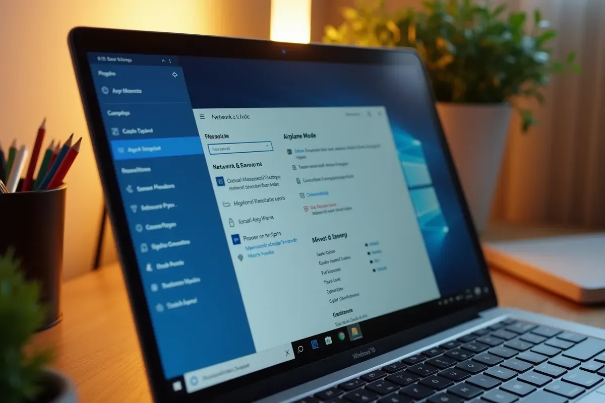 Ekran laptopa z ustawieniami sieci, pokazujący jak wyłączyć tryb samolotowy w laptopie.