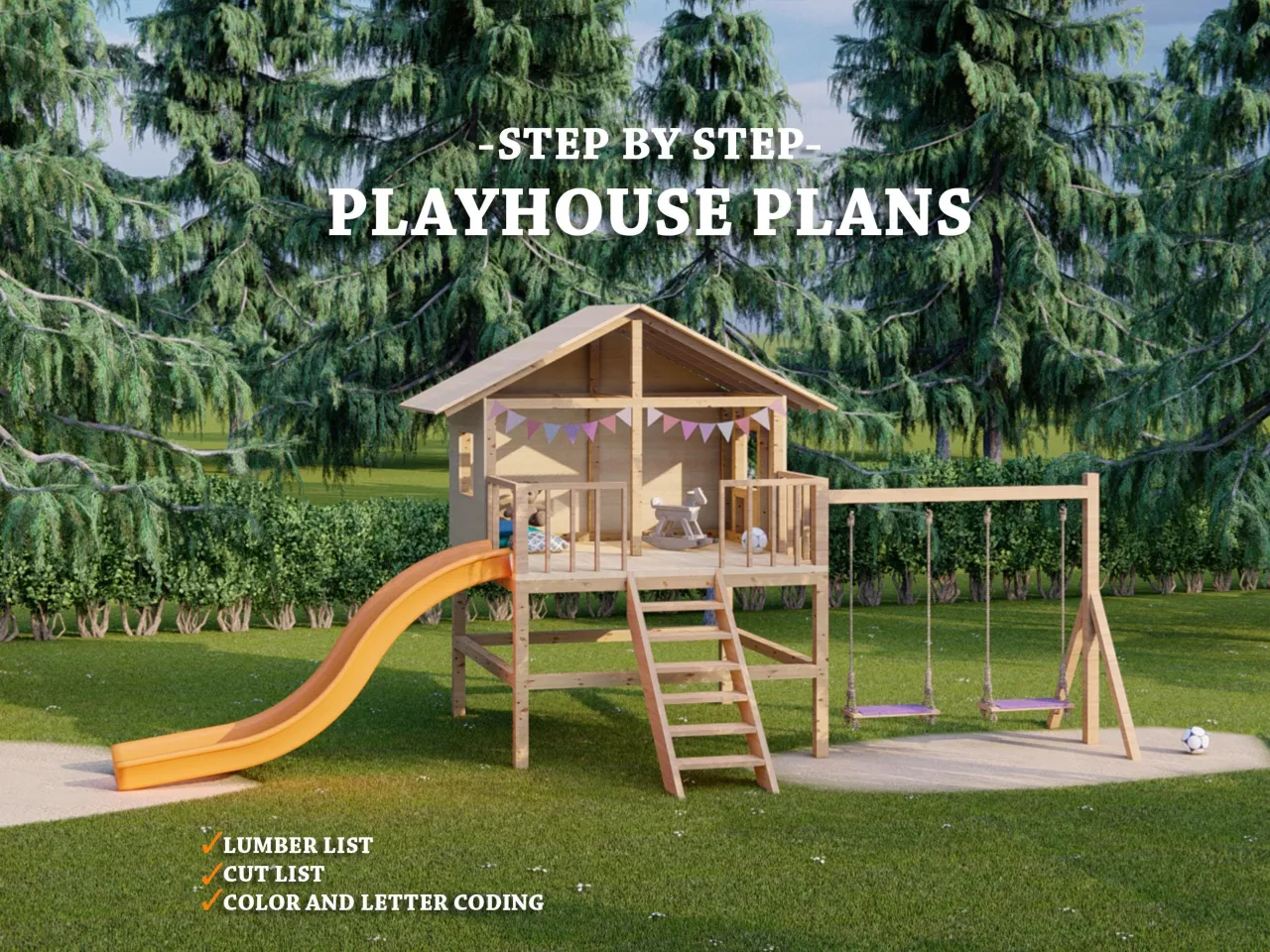 Projekt domku dla dzieci z drabinką, zjeżdżalnią i huśtawkami. Plany krok po kroku, lista materiałów i cięć.