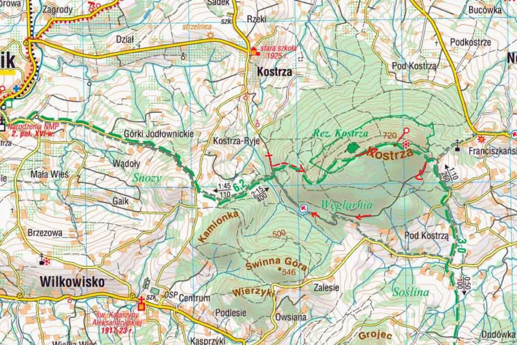 Mapa rezerwatu Ostra Góra Pogórze Wiśnickie dojazd