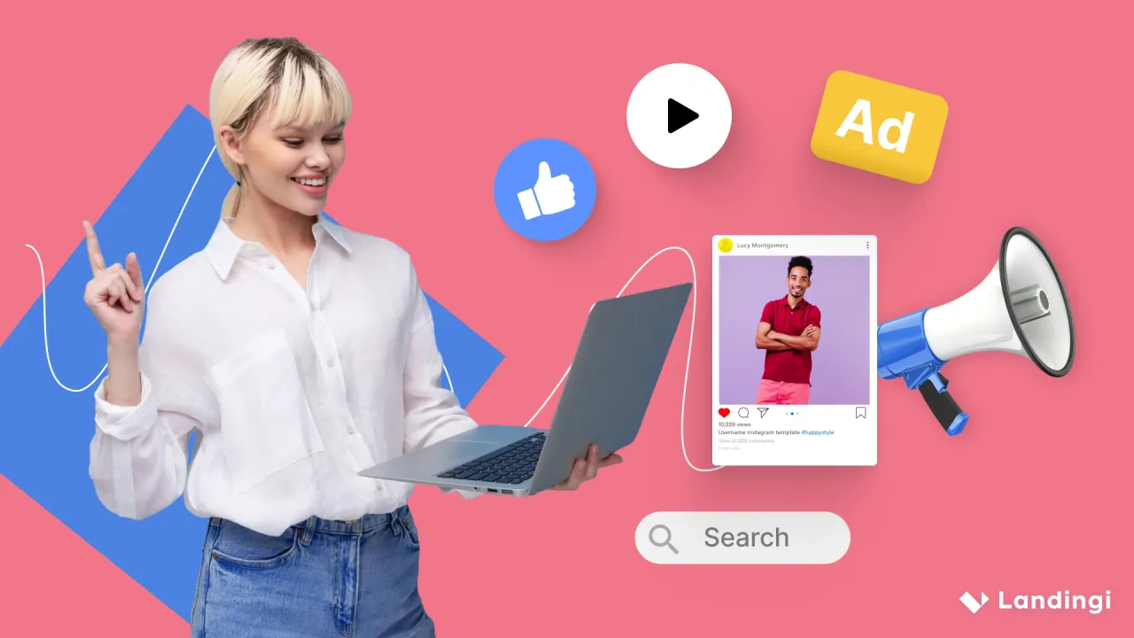 Kobieta z laptopem i megafonem pokazuje, jak stać się bardziej widocznym w internecie. Ikony polubień, odtworzenia i reklamy sugerują promocję.