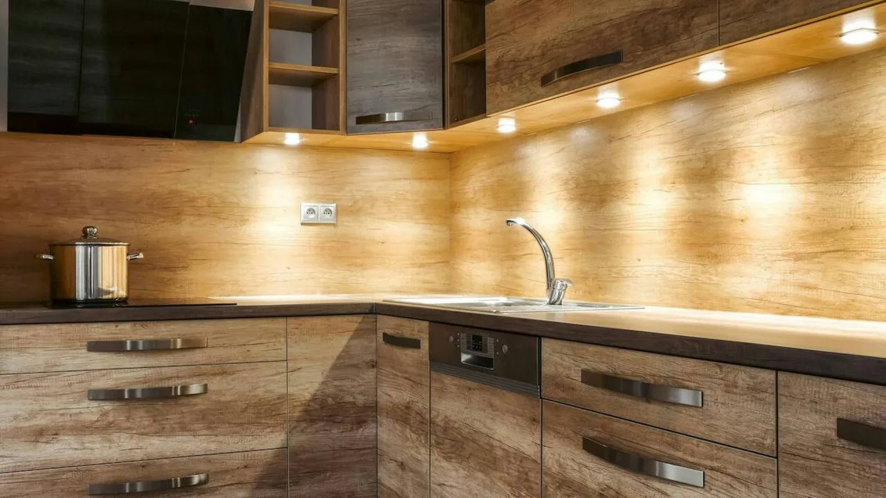 Ciepłe, jakie oświetlenie led pod szafki kuchenne podkreśla drewnianą zabudowę i tworzy przytulną atmosferę.