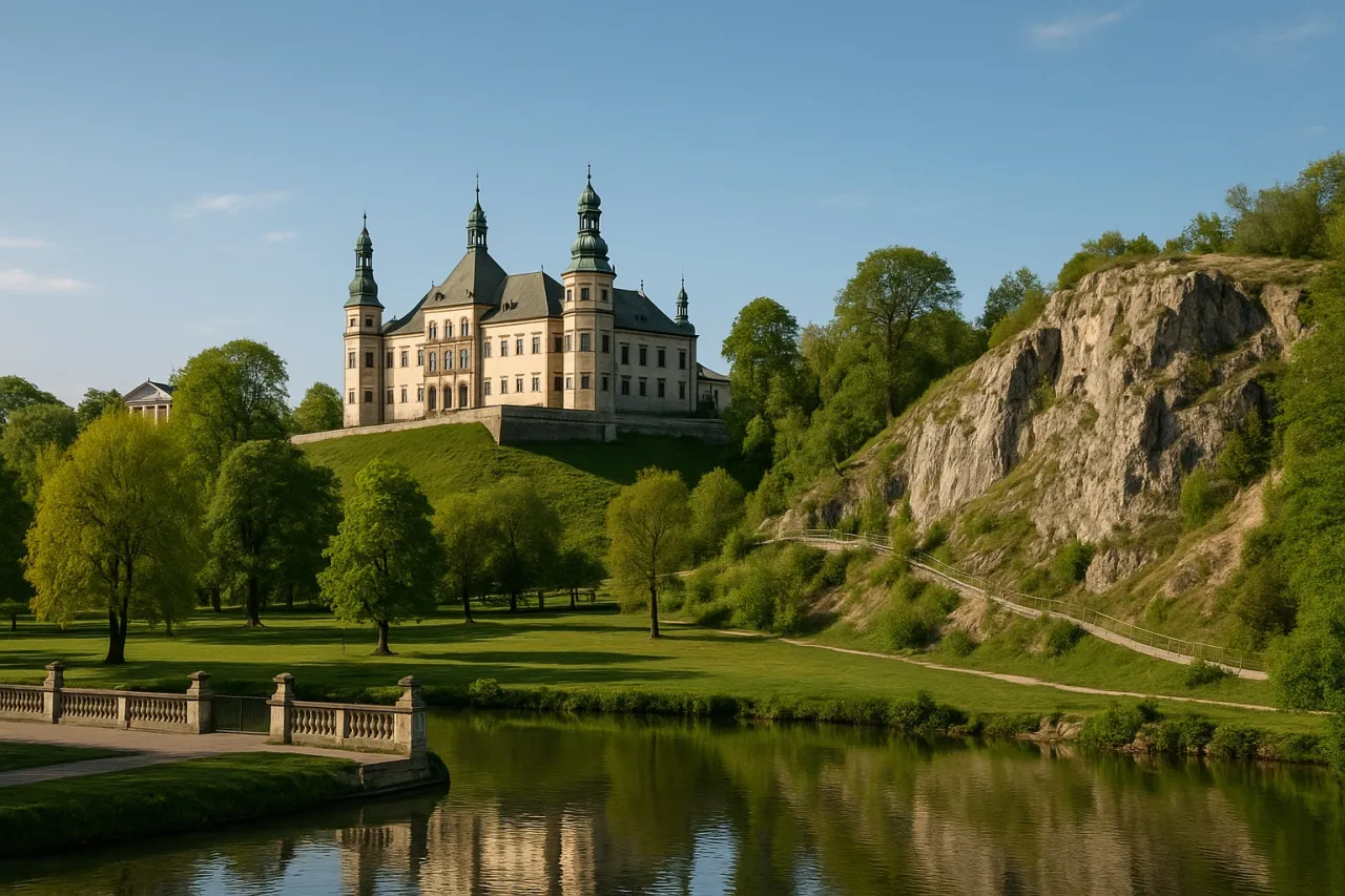 Pałac Biskup&oacute;w Krakowskich w Kielcach, malowniczo położony nad wodą, to idealne miejsce, by zobaczyć, co zwiedzić w okolicy.