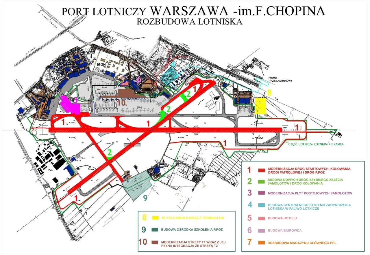 Plan rozbudowy lotniska Chopina w Warszawie. Widać tu modernizację dr&oacute;g startowych (1) i budowę nowych dr&oacute;g szybkiego zejścia (2).