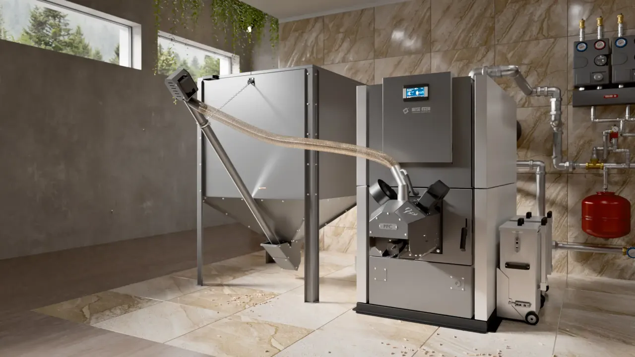 Nowoczesny kocioł co 50 kw z podajnikiem pelletu i zasobnikiem, gotowy do ogrzewania domu.