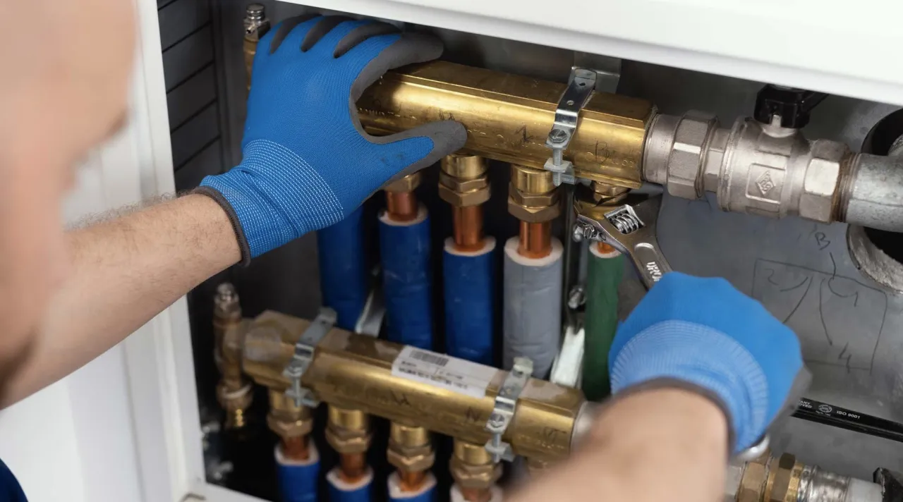 Instalator reguluje zawory przy rozdzielaczu, co wpływa na to, ile kosztuje ciepła woda w bloku.