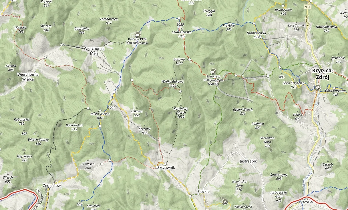 Szlaki turystyczne Beskid Sądecki Bac&oacute;wka nad Wierchomlą mapa