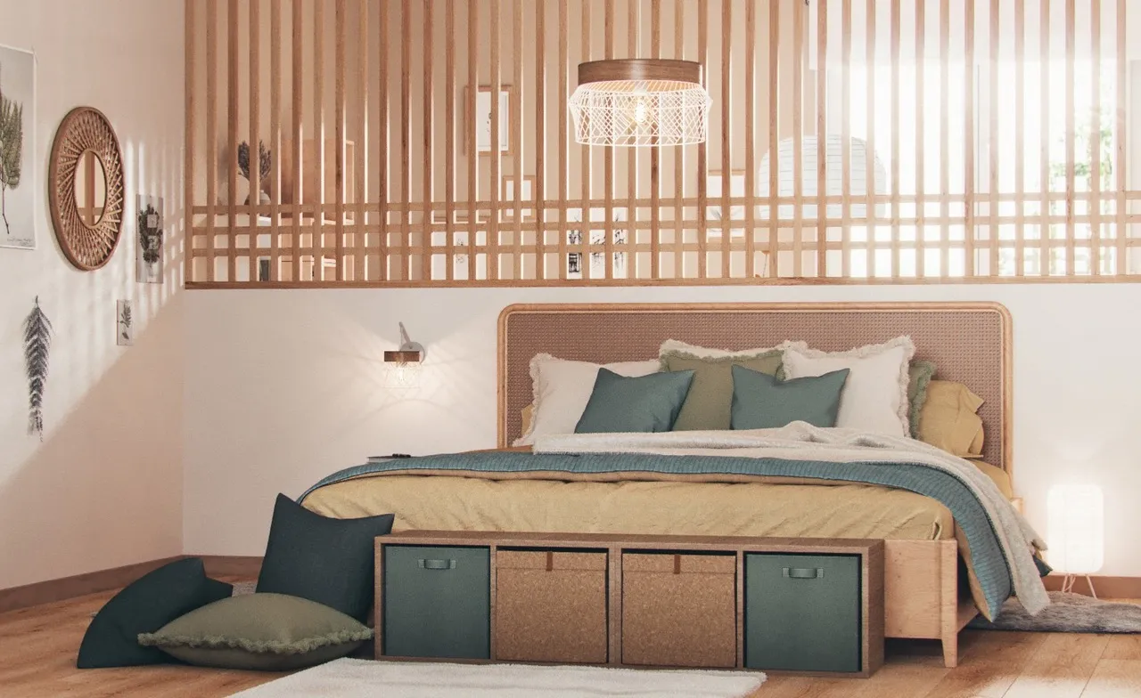 Sypialnia z oświetleniem w naturalnych materiałach