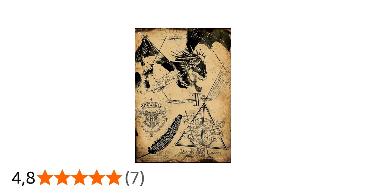 Grafika z baśnią o trzech braciach: smok, herb Hogwartu, pi&oacute;ro i Insygnia Śmierci.