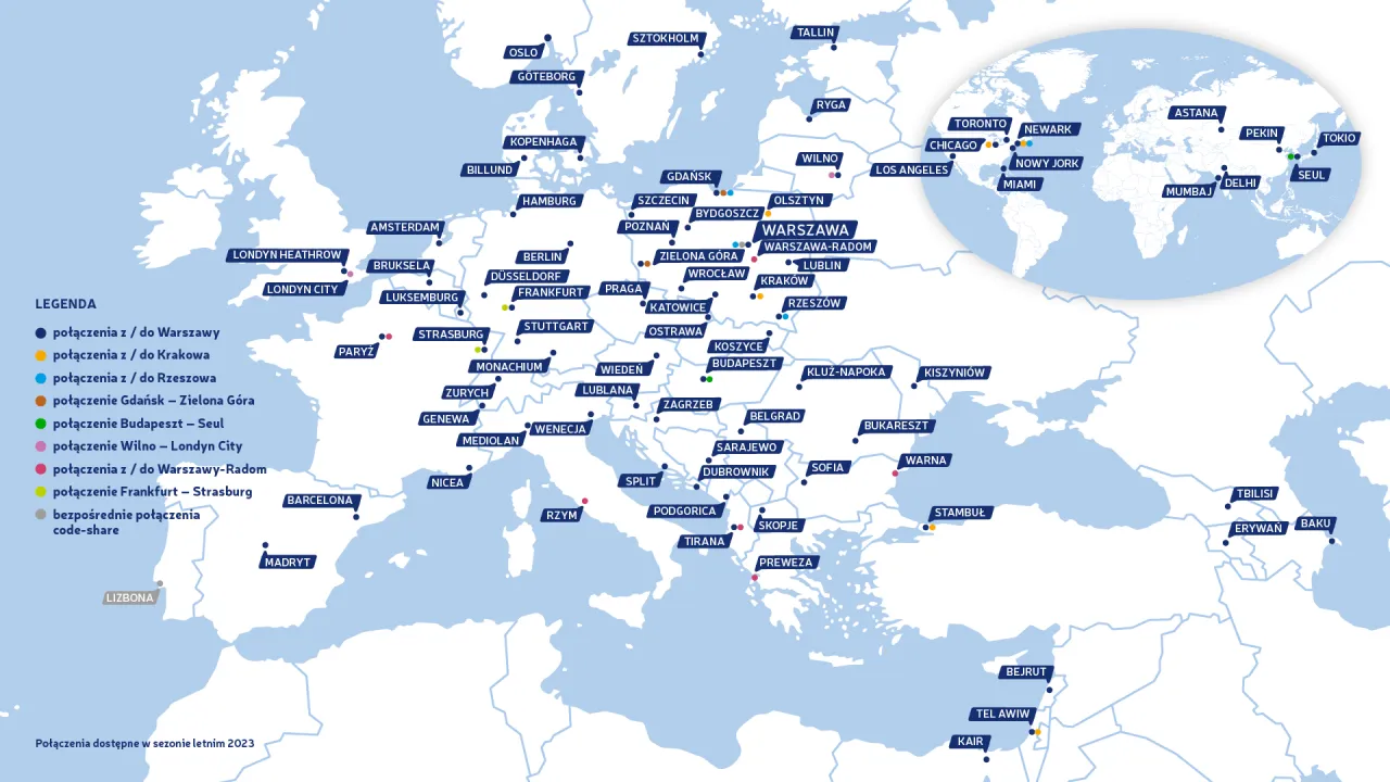 Mapa połączeń lotniczych z Łodzi do ciepłych kraj&oacute;w