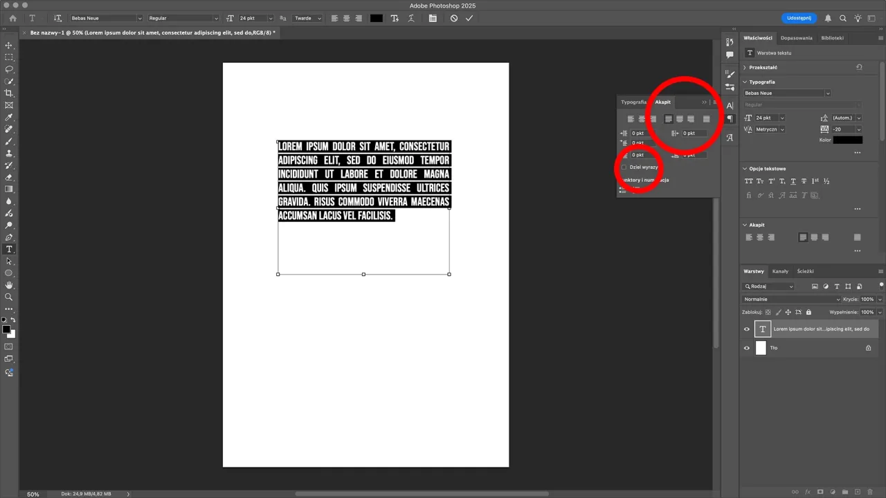 Photoshop narzędzie Tekst akapitowy vs tekst punktowy