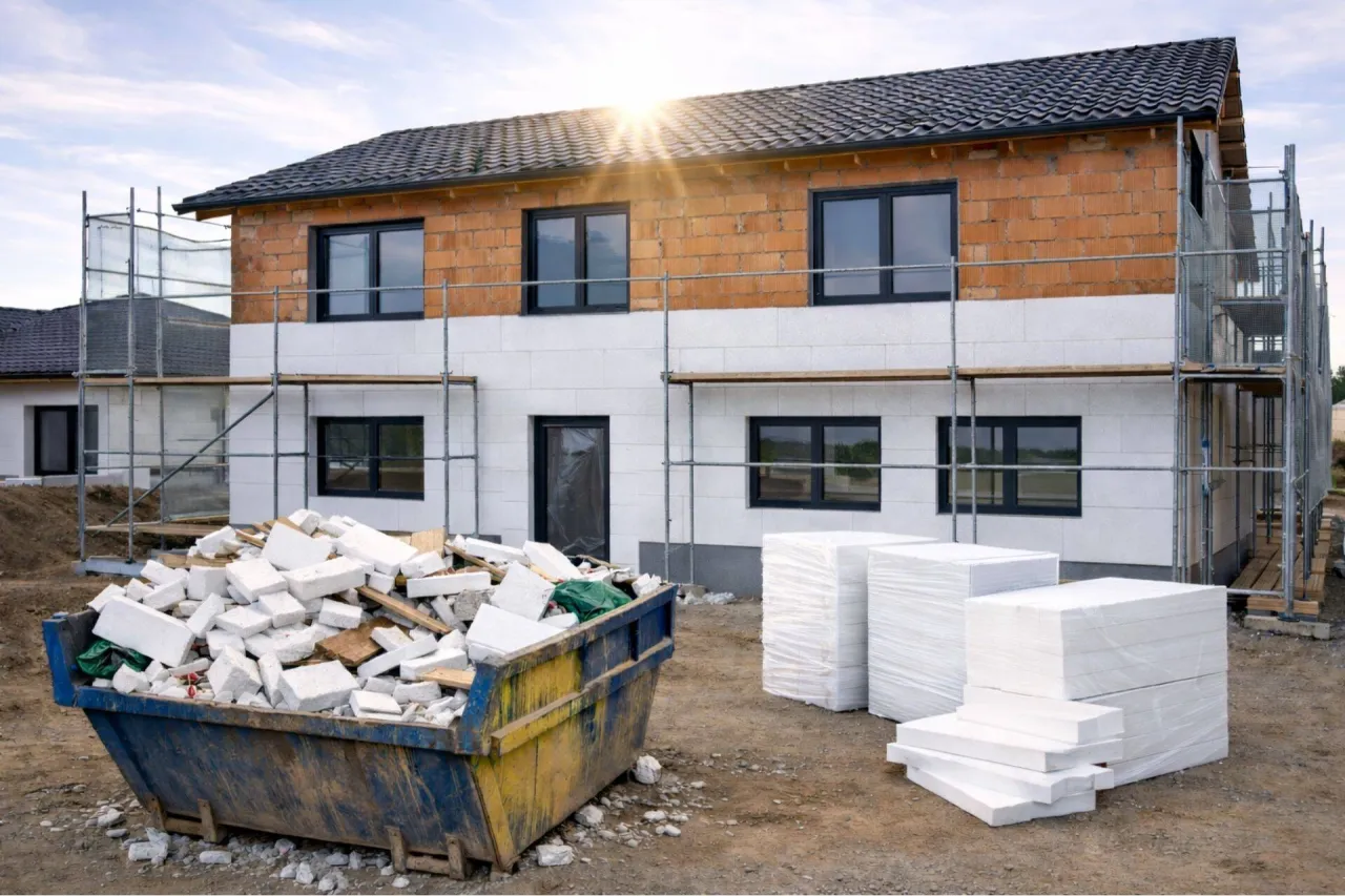 Kontener budowlany pełen odpad&oacute;w, w tym styropianu. Pytanie, gdzie wyrzucić styropian, jest tu kluczowe. Obok nowe bloczki styropianowe.