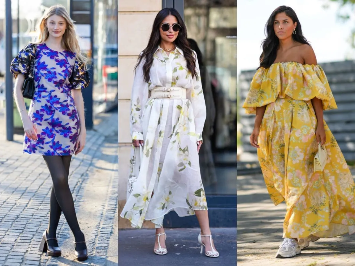 Trzy kobiety prezentują stylizacje. Jedna w krótkiej sukience w kwiaty, druga w długiej białej, trzecia w żółtej maxi. Inspiracje, co założyć do sukienki w kwiaty.