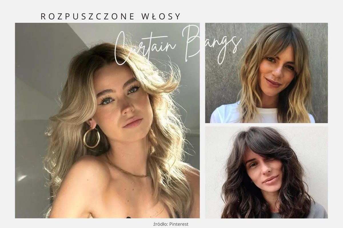 Inspiracja na fryzurę: jak zrobić grzywkę na boki prostownicą. Trzy kobiety z rozpuszczonymi włosami i modną grzywką curtain bangs.