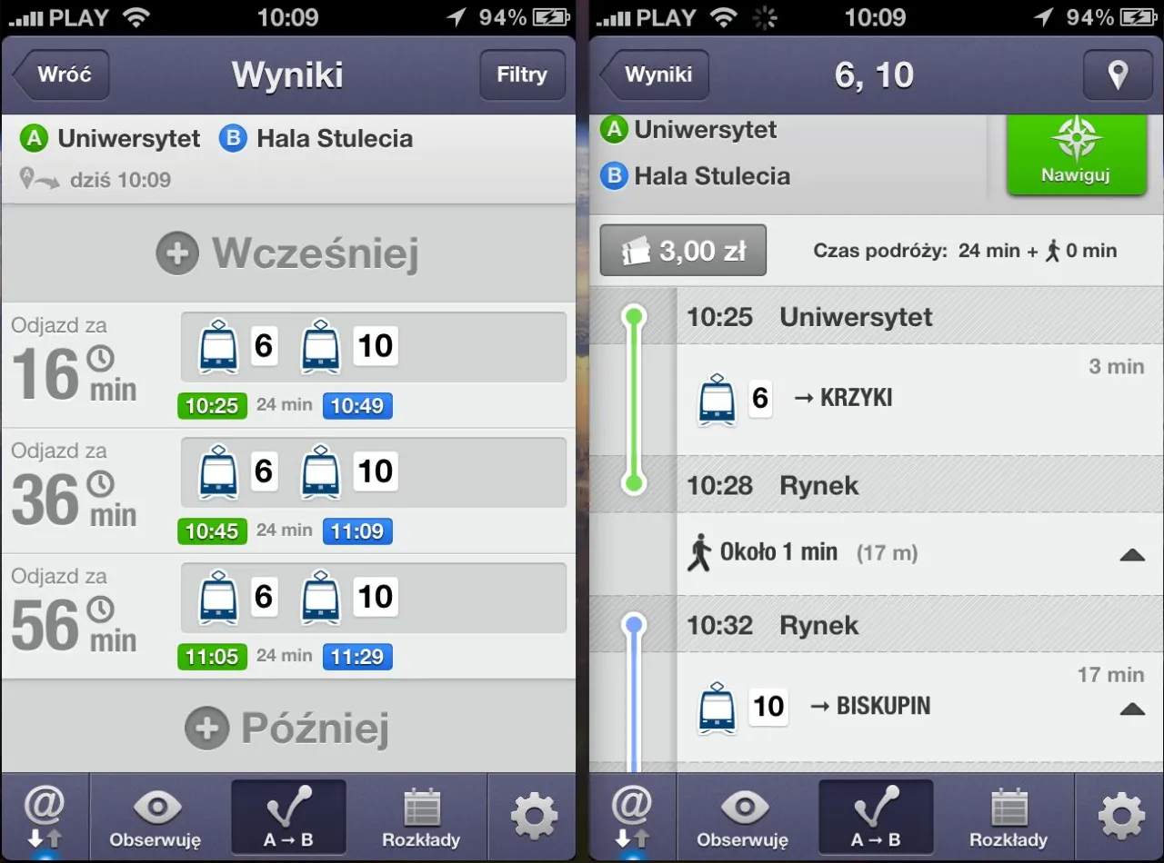 aplikacja Jakdojade interfejs planowanie trasy