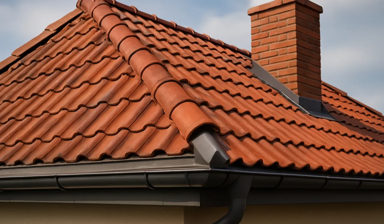 Ceglana dachówka tworzy falisty wzór na dachu, a obok wznosi się komin. To przykład opierzenia dachu, które chroni przed deszczem.